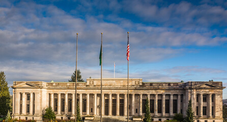 Washington State Temple of Justice Supreme Court law library flags front south morning golden hour