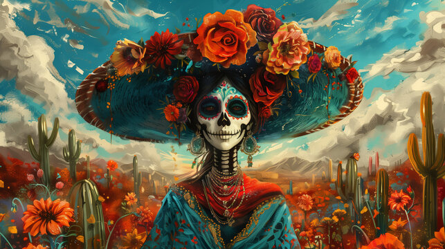 portrait of a woman in a field, Mexican Skull Face Paint: Cinco de Mayo Calavera Abstract Banner; Woman Portrait in Mexican Carnival Theme 