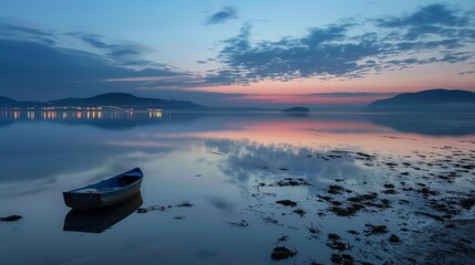 As the sun rises over the tranquil lake, a solitary boat glides across the glassy water, reflecting the stunning mountain landscape in its wake