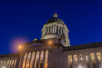 Washington State Capitol Building front from northwest angle evening blue hour lights