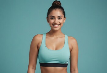 Fototapeta na wymiar A woman with her hair up, wearing a teal sports bra, stands confidently, embodying strength and wellness.
