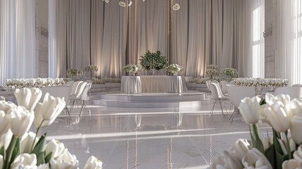 mirror shine panels adorned with tulips, a round podium, and tables arranged in festive style for guests.