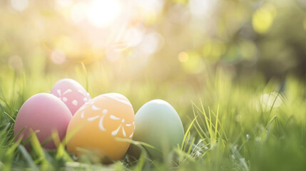 Fototapeta na wymiar Easter Egg Background on green grass