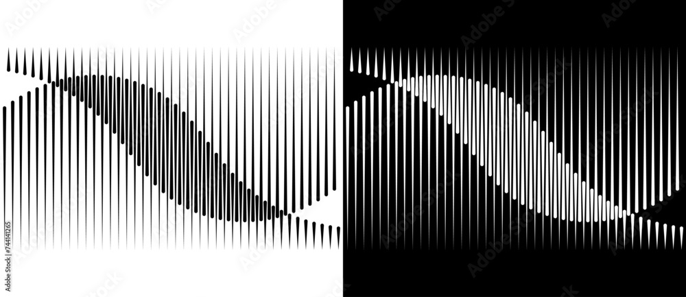 Poster Abstract art geometric background with vertical lines. Optical illusion with waves.  Design element or icon. Black shape on a white background and the same white shape on the black side.