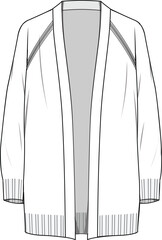 Women's Raglan Sleeve, Pocket Detail Cardigan. Technical fashion illustration. Front and back, white colour. Women's CAD mock-up. - obrazy, fototapety, plakaty