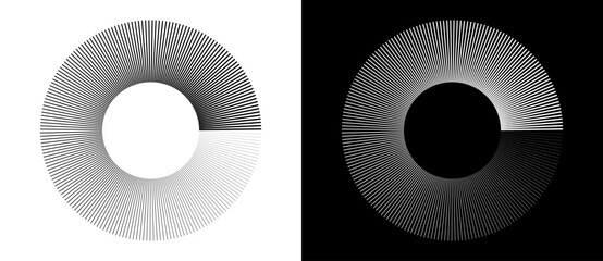 Radial lines of different thickness, as a logo or abstract background. A rotating circle like a loading sign. Black circle on a white background and the same white circle on the black side. - obrazy, fototapety, plakaty