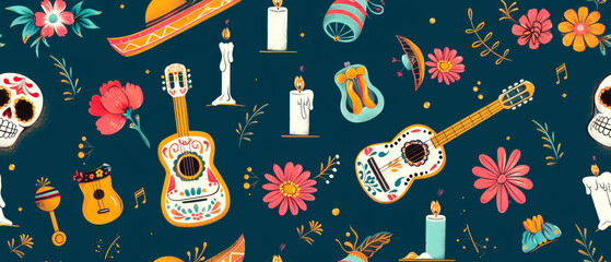 Seamless pattern of Mexican Day of the Dead. Nice design elements for print.