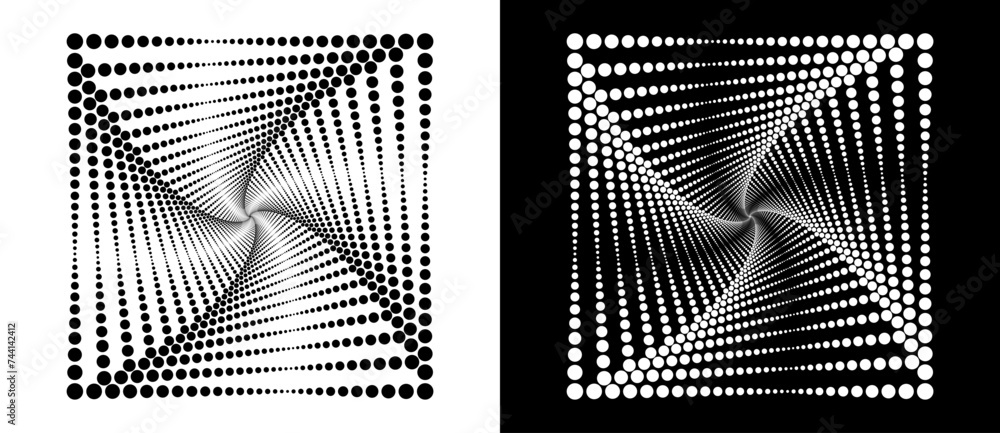 Poster Square with halftone dots. Spiral in geometrical form. Design element or icon. Black shape on a white background and the same white shape on the black side.
