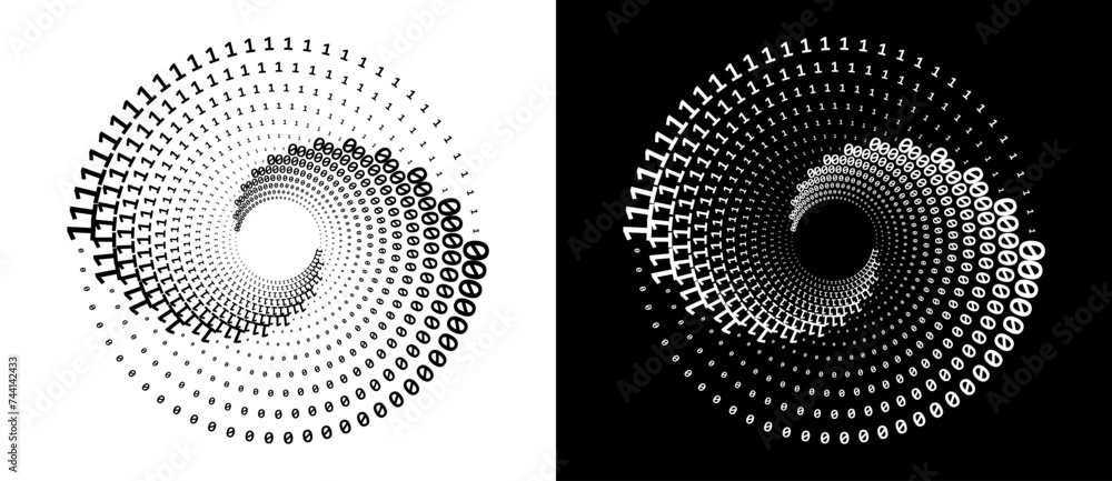 Poster numbers one and zero in a spiral. big data concept, logo or icon. black shape on a white background 