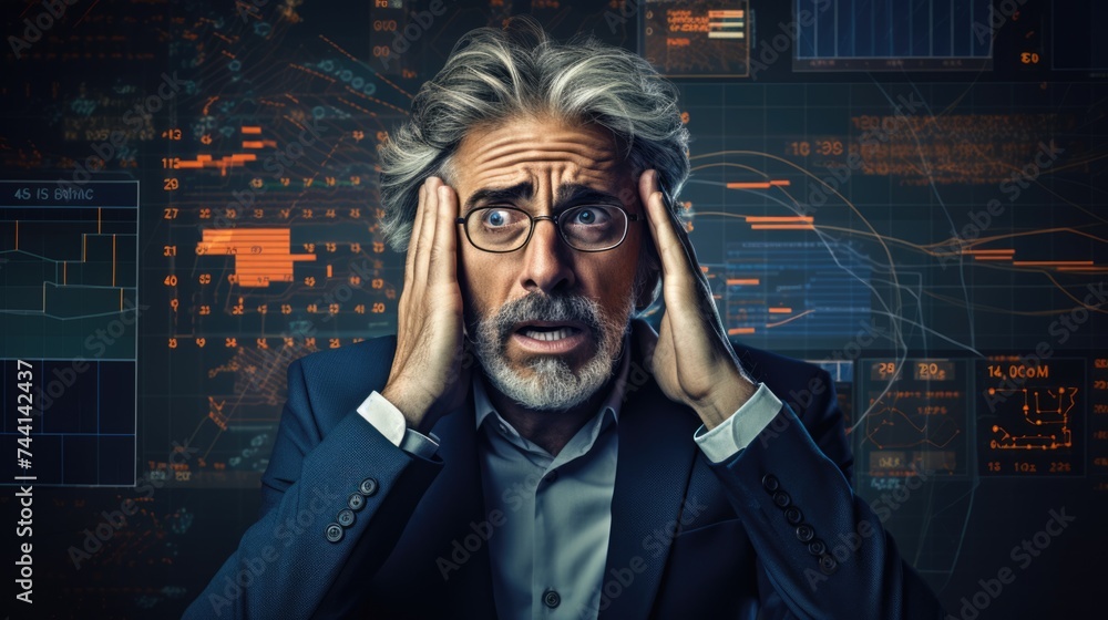 Poster tech analyst study cyber data chart from corporate system for statistical analytic defining marketin