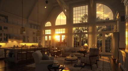 In the quiet of the evening, the last rays of the setting sun pierce through the windows of a beautifully appointed living room and kitchen. Vaulted ceilings tower above, new traditional style home. - obrazy, fototapety, plakaty