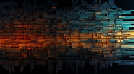 Mysterious cityscape with glowing orange lights amidst towering dark structures