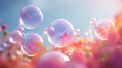 Beautiful floating soap bubbles on natural abstract multicolor background