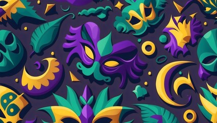 Seamless cartoon pattern featuring vibrant Mardi Gras masks, confetti, floral, and leaf elements