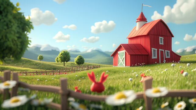 Countryside Charm. A Sunny 3D Farm with a Welcoming Red Barn and Blooming Fields.