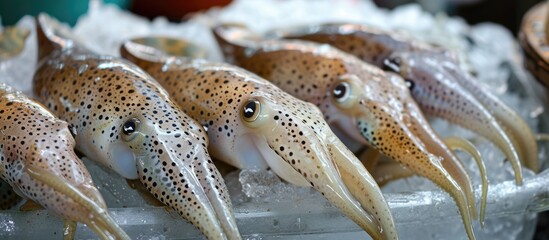 A group of fresh squids casually resting on an ice surface, showcasing the thriving market demand for this delectable delicacy.