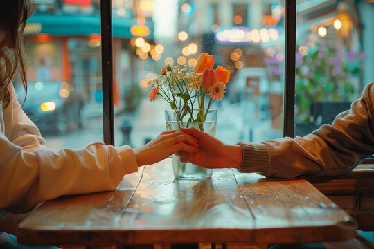 A romantic moment captured as a couple sits hand in hand at a beautifully set table, surrounded by vibrant floral designs and the warm glow of natural light filtering through a nearby window