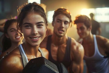 A group of women in brightly colored workout attire stand against a wall, their smiling faces and confident postures reflecting the strength and empowerment found within the walls of the gym
