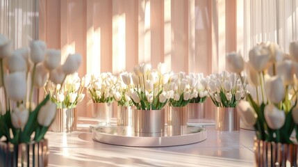 mirror shine panels adorned with tulips, a round podium, and tables arranged in festive style for guests.
