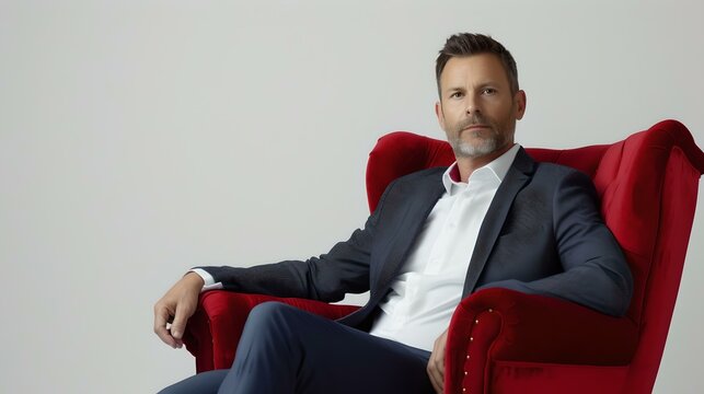 Confident businessman sitting in a red armchair. professional man in a suit posing for a corporate portrait. simplistic elegance in professional headshots. AI