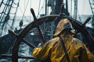 view from behind, a sailor in yellow overalls and hood driving steering wheel of vintage frigate, rainy midday on ocean 