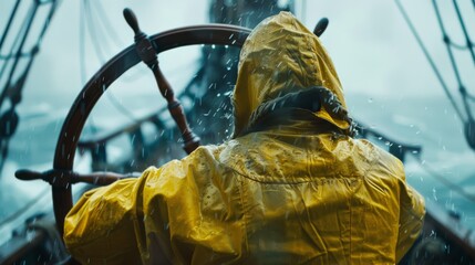 view from behind, a sailor in yellow overalls and hood driving steering wheel of vintage frigate, rainy midday on ocean 