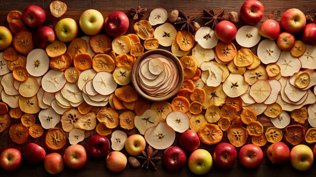 Apple orchard with an array of dried apple slices