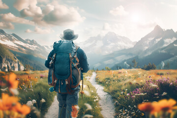 A male person with backpack is hiking in the mountains to relax during a sabbatical. Green fields and flowers make up a scenic landscape. - obrazy, fototapety, plakaty