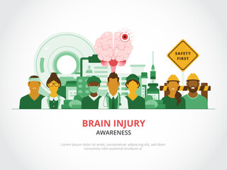 Concept of brain injuries, features patients, healthcare team with medical supplies and individuals who have taken safety measures, such as wearing helmets to minimize potential head damage