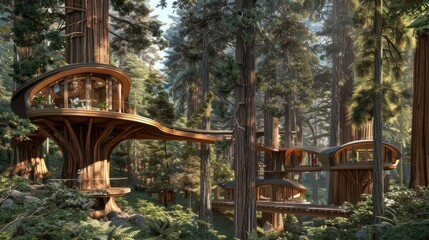 Fototapeta na wymiar an undulating contemporary hotel nestled within a sequoia tree in the mountains, the unique architectural design blending with the natural surroundings for an immersive experience.