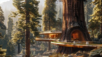 an undulating contemporary hotel nestled within a sequoia tree in the mountains, the unique architectural design blending with the natural surroundings for an immersive experience.