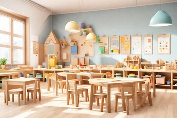 Montessori early education. Kindergarten, preschool classroom interior with wooden furniture, educational material, 8k. 