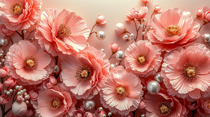 3d illustration of pink poppies with pearls and pearls