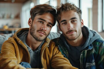 Fototapeta premium Two men's bearded faces light up with genuine joy as they sit close together, their casual jackets and relaxed posture creating a warm and comfortable atmosphere indoors