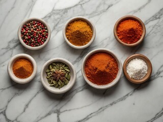Bright aromatic set of spices on white marble table top view - culinary aromatic spice set with a variety of bright and aromatic ingredients. Spices laid out on white marble