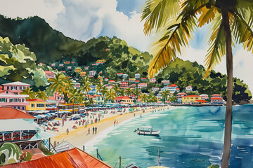 Fototapeta na wymiar Tropical Seaside Village, Vibrant Watercolor Landscape