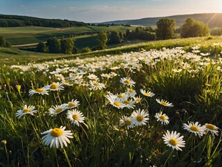 Scenic spring:summer: Blooming daisy field amidst pastoral landscape, hills rolling in countryside, field of camomiles