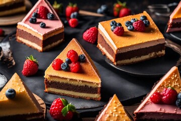 Close-up view of a Triangle-shaped cake against different backgrounds. 