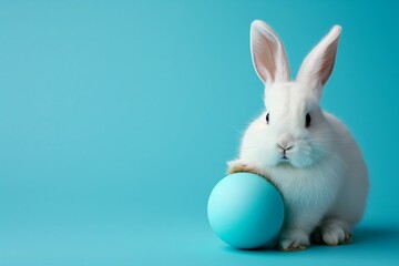 Obraz premium Easter bunny white rabbit with blue painted egg on blue background. Easter holiday concept