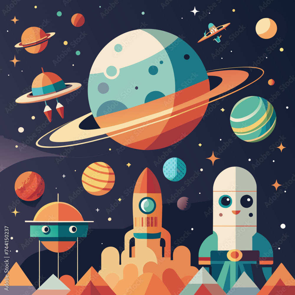 Poster a whimsical interpretation of outer space with playful aliens and spacecraft. vektor illustation