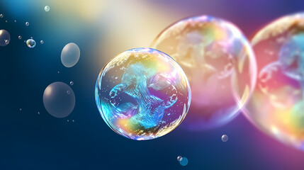Beautiful floating soap bubbles on natural abstract multicolor background