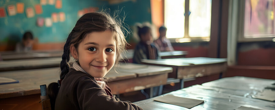 Portrait of a low-income child student in his classroom smiling sitting at a desk in the classroom