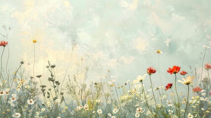 oil painting depicting a wildflower field with a very thick impasto background on a white canvas,...
