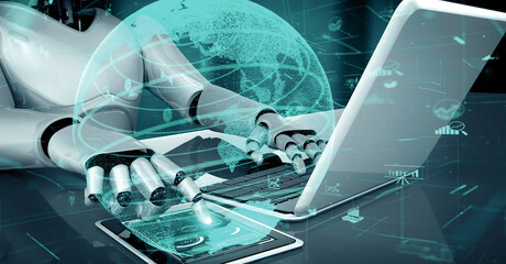 XAI 3d illustration Future financial technology controll by AI robot huminoid uses machine learning and artificial intelligence to analyze business data and give advice on investment and trading