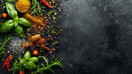 A black isolated background showcases an array of scattered spices