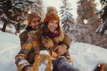 Obraz premium A smiling woman and man pose on a snowy hill, their faces covered in winter clothing, as they brave the freezing blizzard while sledding amidst the beautiful trees