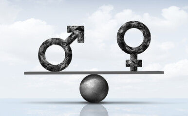 Gender Equality social balance and equal rights as a male and female symbol on a scale for fighting Inequality and sex discrimination or sexism as a metaphor for unfair gender bias awareness. - obrazy, fototapety, plakaty