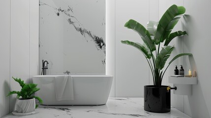 a luxury minimalist composition with white and black tones, featuring a marble background and white walls.