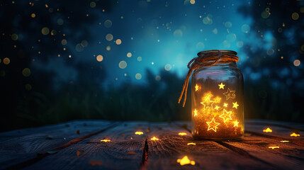 Moon and stars in a glass jar, fulfillment of lunar wishes,  night background - obrazy, fototapety, plakaty