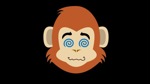 video animation face monkey primate or chimpanzee cartoon with spiral shaped hypnotized eyes, on a transparent background with zero alpha channel